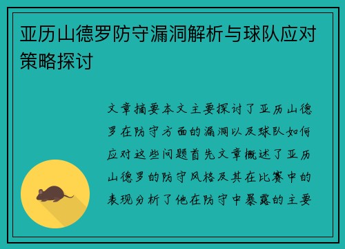 亚历山德罗防守漏洞解析与球队应对策略探讨