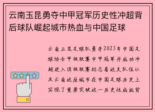 云南玉昆勇夺中甲冠军历史性冲超背后球队崛起城市热血与中国足球