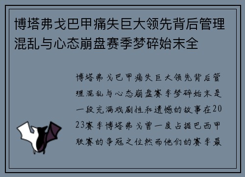 博塔弗戈巴甲痛失巨大领先背后管理混乱与心态崩盘赛季梦碎始末全